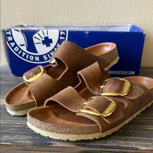 Birkenstock Brown Sandals with Gold Buckles